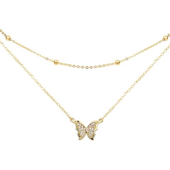 Butterfly Pendant Necklace, 14k Gold Plated Handmade Hollow Layered Necklace - Picture 2 of 7